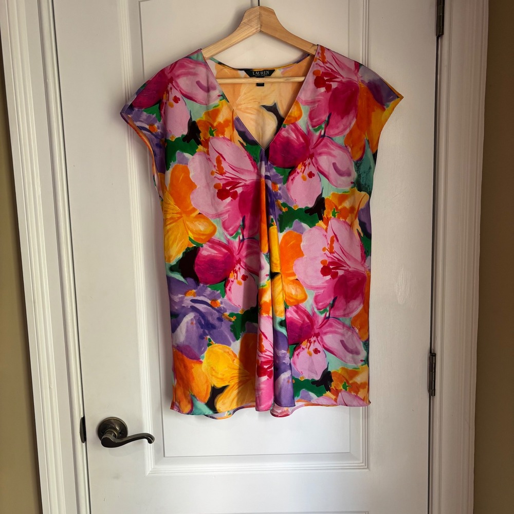 Lauren Ralph Lauren Floral V-Neck Cap Sleeve Blouse Pink Orange Purple Medium